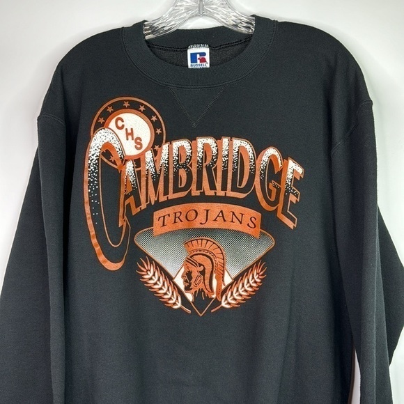 Vintage Cambridge Trojans Black High School Crewneck Sweatshirt 80s Large - Picture 2 of 9